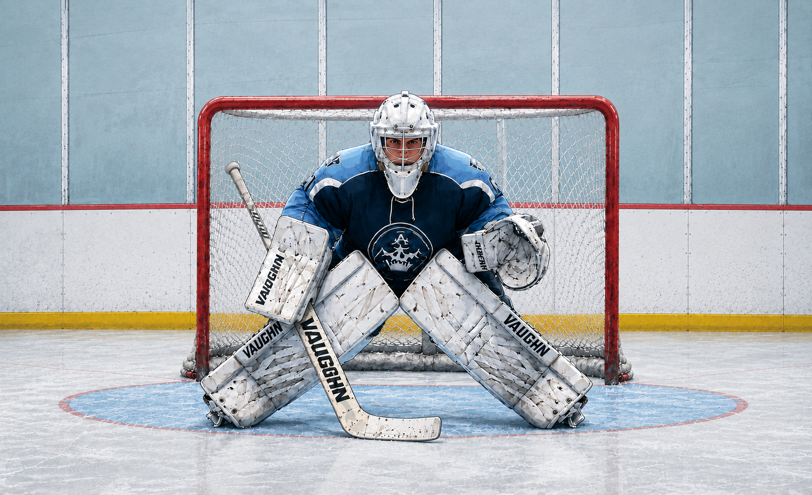 Illustration of Tyler Hawk in a centered shot-ready goalie stance